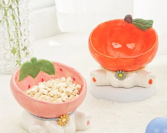 Fruit-Shaped Ceramic Cat Bowl-Strawberry and Orange Design Cat Bowl-Fruit Illustrated Cat Bowl-Strawberry Cat Bowl-Orange Cat Bowl