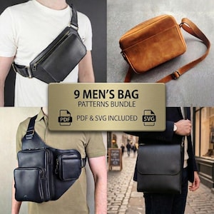 Könnte beinhalten: Ein digitales Set mit 9 Schnittmustern für Taschen, darunter eine schwarze Gürteltasche, eine braune Umhängetasche, ein Rucksack mit mehreren Taschen und eine schwarze Umhängetasche. Der Text lautet 9 MEN'S BAG PATTERNS BUNDLE PDF & SVG INCLUDED.