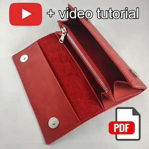 Cartera de mujer de piel con imanes | Patrón PDF de cartera de cuero | Tamaño A4 + Carta (EE. UU.) | Plantilla de billetera de cuero grande con enlace de video