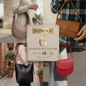 May include: A digital bundle of 6 bag designs featuring various styles including a beige hobo bag, a brown rectangular shoulder bag, a black bucket bag, and a red saddle bag. The central graphic displays the text BUNDLE 6 WOMEN'S BAG DESIGNS.