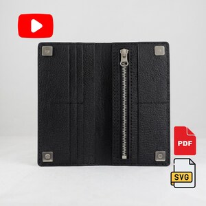 Leather long wallet pattern PDF SVG travel clutch zipper checkbook sewing video tutorial
