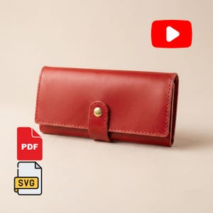 May include: A rectangular red leather wallet featuring a fold-over flap secured by a single brass-colored metal snap button. The wallet has visible stitching along the edges of the flap and the closure tab, maintaining a smooth, clean surface.