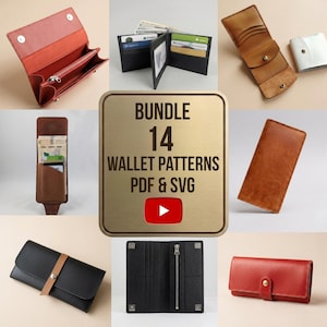 Puede incluir: Una colección de varios diseños de carteras de cuero, incluyendo estilos plegables y largos en rojo, negro y tostado. Un gráfico cuadrado central muestra el texto BUNDLE 14 WALLET PATTERNS PDF & SVG con un icono rojo de botón de reproducción de YouTube.
