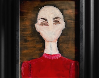 May include: An abstract portrait painting in a black frame. The subject has a pale face, dark eyes, and a red top. The background is a mix of brown and orange hues. The artwork is mounted on a black, corrugated metal wall.