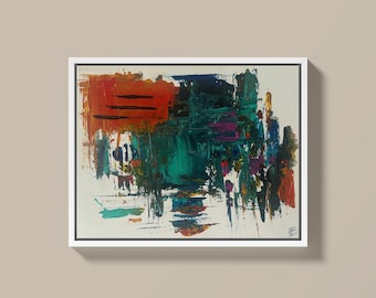 May include: Abstract painting with a white background and a variety of colors, including orange, green, blue, and purple. The painting is framed in a white frame.