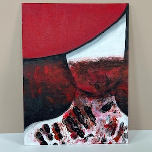 Abstract Woman Acrylic Painting: Red Veil Faceless Portrait (9x12 Canvas Panel) Emotional Art - Silent Scars, Red Veil (Faceless Collection)
