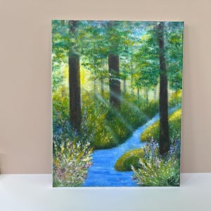 Hand-Painted Sunset Forest Acrylic Painting – 11x14 Canvas, Trees & River Landscape Art