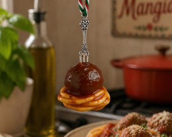 Spaghetti- och köttbulleprydnad – Handgjord köksdekoration i lera med italiensk mat – Present till matälskare, kockar - hemmakockar, pastaälskare, jul
