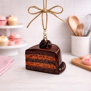 Puede incluir: Adorno de rebanada de pastel de chocolate con un glaseado brillante y un remolino de crema de mantequilla de chocolate. El pastel tiene capas de bizcocho de chocolate y un relleno de caramelo. Cuelga de un lazo de cuerda y una perla.