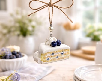 Blueberry Cream Layer Cake Ornament – Mini Dessert Slice Hanging Decor – Handmade Food Kitchen Decor, Gift