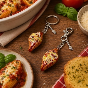 May include: Two keychains featuring miniature stuffed pasta shells topped with melted cheese, red tomato sauce, and green herbs. Each keychain includes a silver-toned metal chain, a ring or lobster clasp, and a small fork-shaped charm attached.