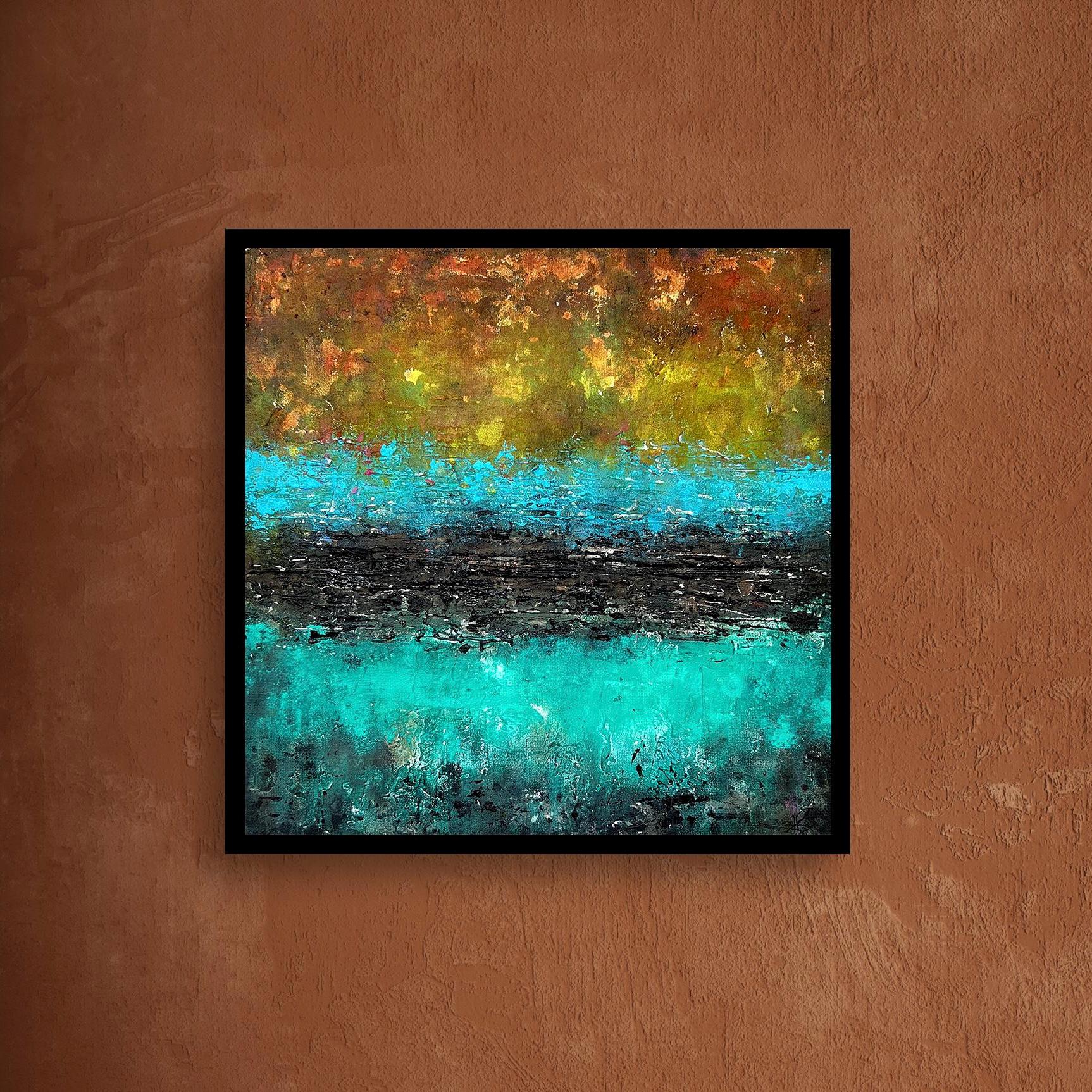 テクスチャード抽象アクリル画：大胆な青、青緑、オレンジ 12x12