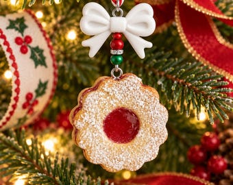Linzer Cookie Ornament | Handmade Dessert Cookie Kitchen Decor - Christmas Holiday Cookie Tree Decor - Food Dessert Gift