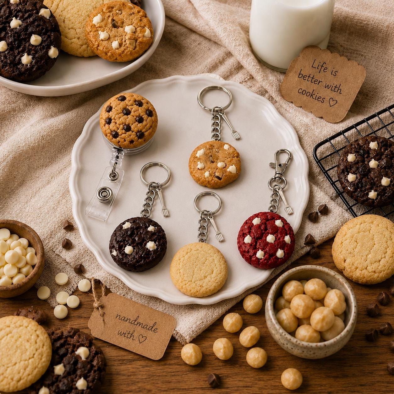 Cookie Keychain, Bag Clip or Badge Reel Handmade White Chocolate Macadamia, Sugar, Red Velvet, Chocolate Chip & Double Chocolate Chip