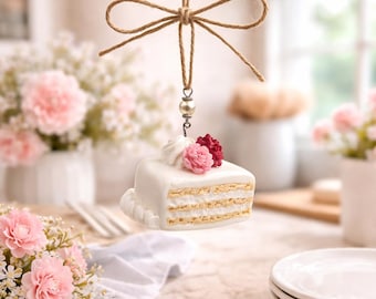 Floral Vanilla Layer Cake Ornament – Mini Cake Slice Hanging Decor – Flower Dessert Kitchen Decor, Handmade Gift
