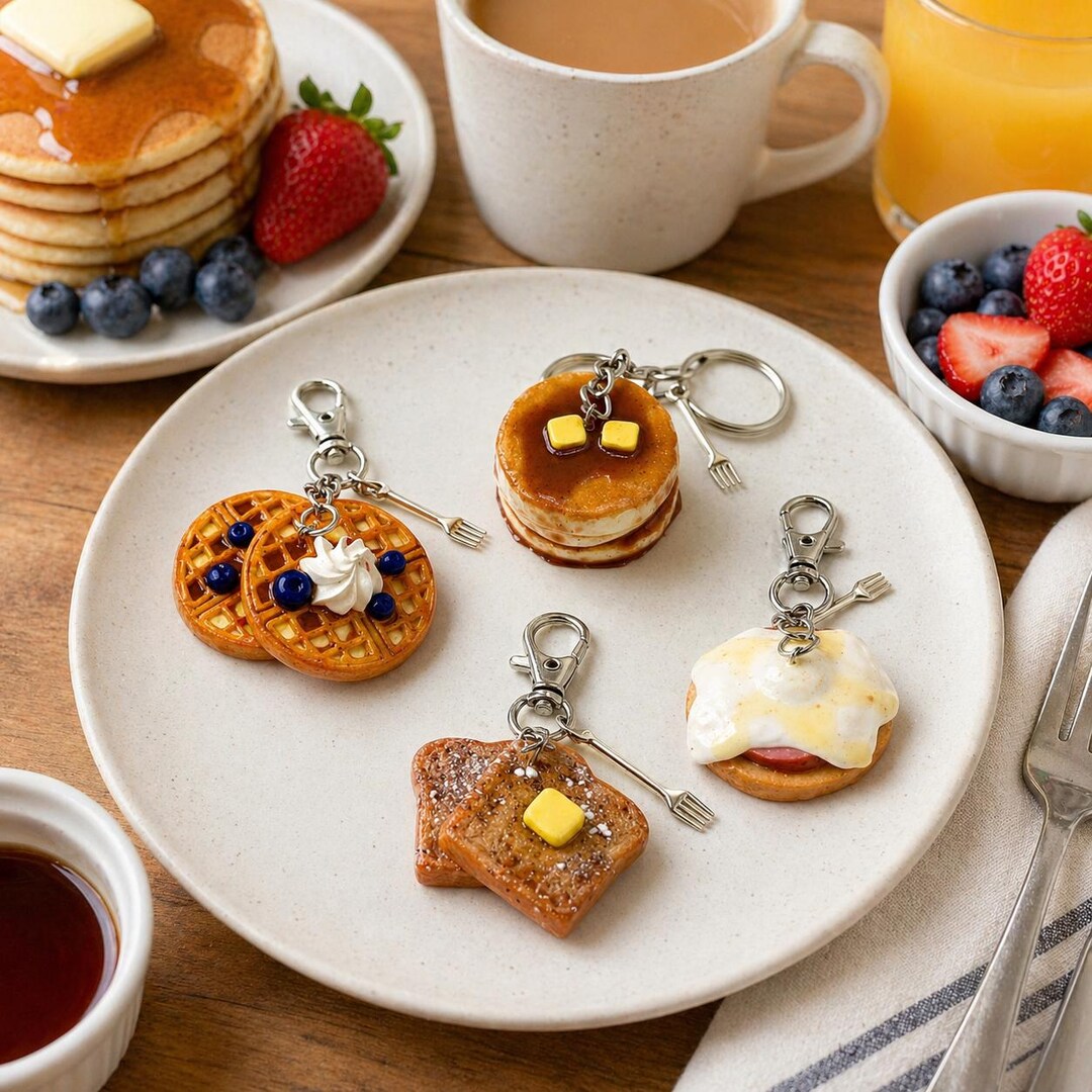 Breakfast Food Keychain or Bag Clip – Pancakes, Waffles, French Toast ...