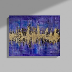 Ciudad de los Sueños – Pintura abstracta de un horizonte urbano dorado / Acrílico sobre lienzo, 11 x 14