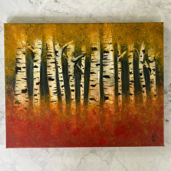 Birch Trees Abstract Acrylic Painting | Original Artwork "Autumn Trees" 11x14 Canvas