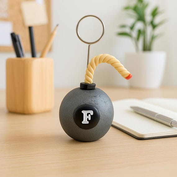 A hand-sculpted clay 'F-bomb' that doubles as a desk photo/card holder — functional office art with a built-in punchline.