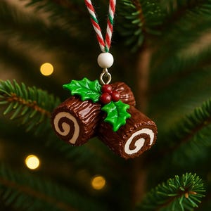 Handmade Yule Log Christmas Ornament – Mini Bûche de Noël Polymer Clay Holiday Ornament - Dessert Ornament - Christmas Tree Decor