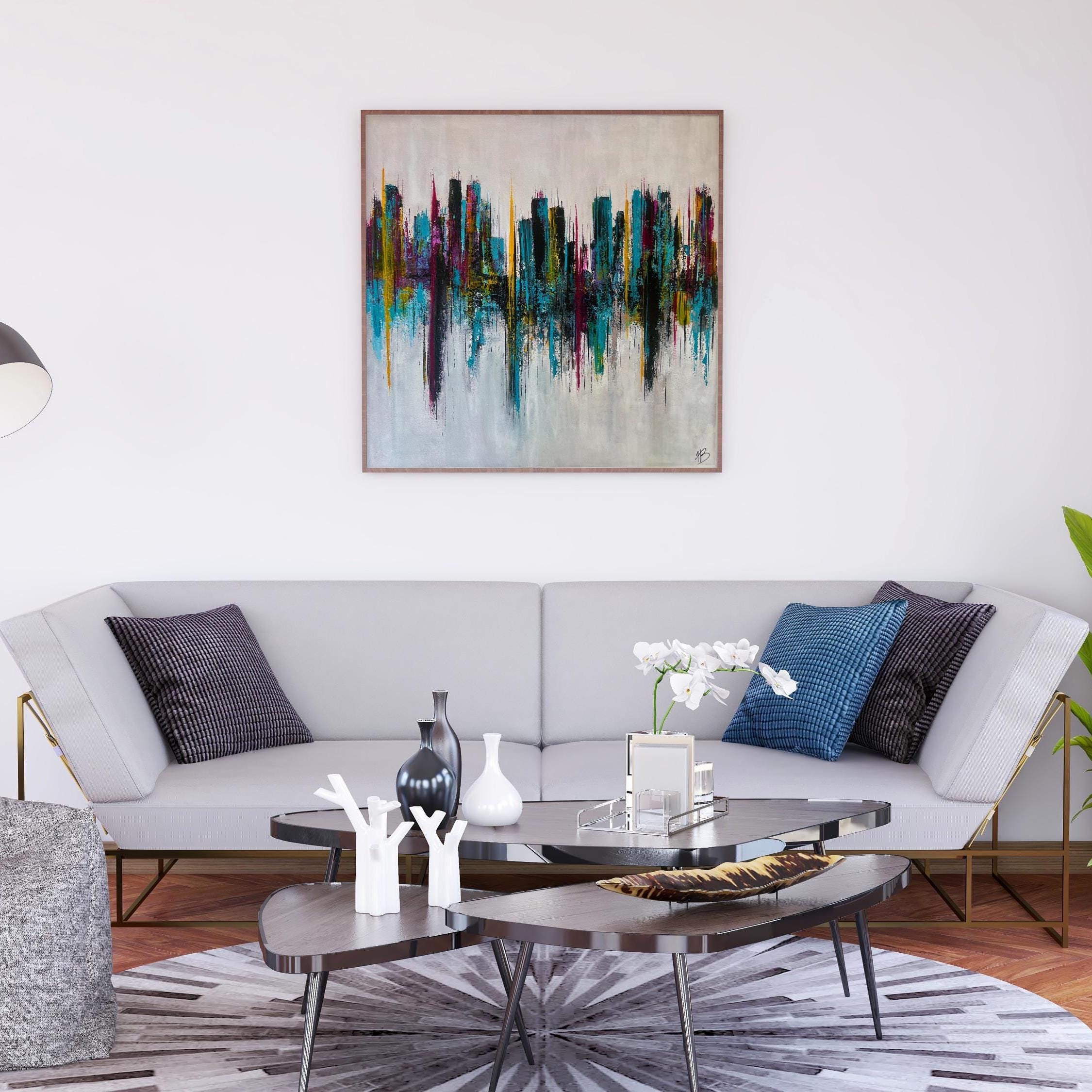 抽象的な都市景観画：カラフルなスカイラインのシルエット、20x20