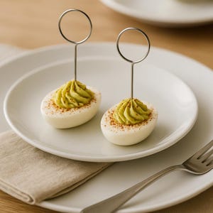 Könnte beinhalten: Zwei gefüllte Eier mit grüner Füllung und einer Prise Paprika, jeweils mit einem silbernen Ringhalter versehen. Die Eier liegen auf einem weißen Teller mit einer neutralfarbenen Serviette und einer Gabel.