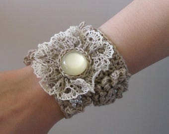 Crochet Linen Cuff Bracelet, Wide Wrist Cuff, Handmade Accessory, Bracelet with Delicate Lace and Pearl Buttons, Vintage Style, Linen Yarn