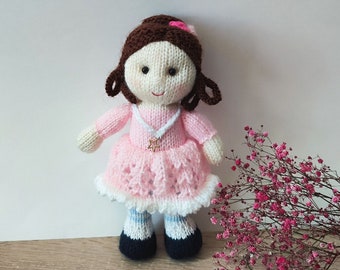 Poupée fille tricotée en robe rose, poupée finie, fait main, tricot, cadeau pour petites filles et adultes