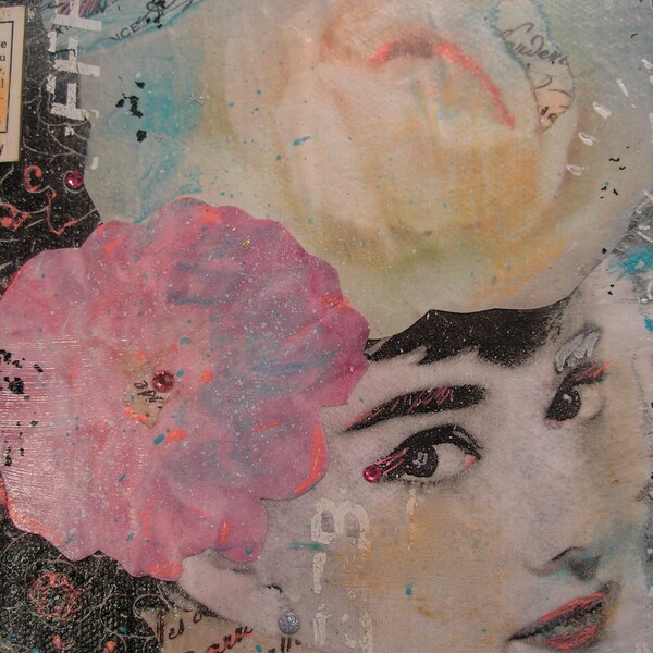 HER FACE-Original Mixed Media Surreal Pop Art Graffiti Audrey Hepburn Collage on 8x8 inch Canvas with Swarovski crystals