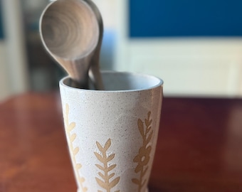 FREE Shipping Handmade floral pattern motif utensil kitchen vase spoon holder or flower vase // Handmade Ceramics from the USA