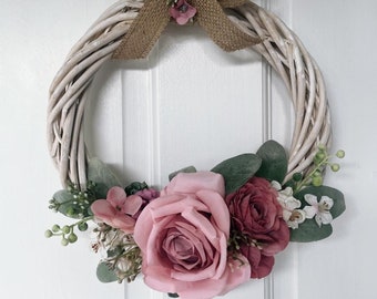 Handcrafted Door Wreath made with stunning faux flowers and foliage on a white wicker 10 inch wreath. Cottage Style, Home Decor,