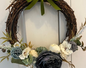 Handcrafted grapevine 20cm  Wreath in shades of blue, green and cream faux flowers