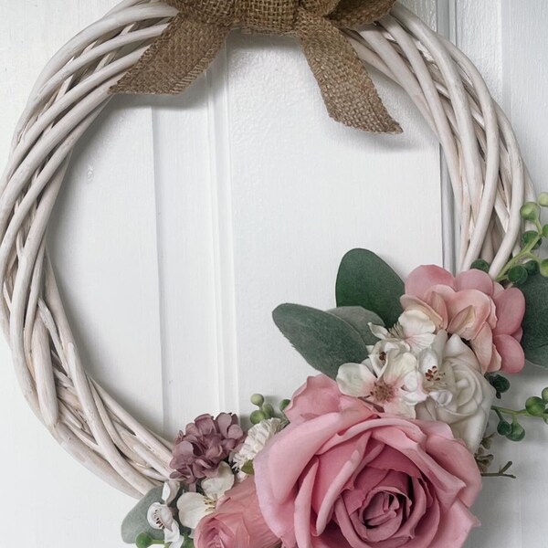 Handcrafted Door Wreath made with stunning faux flowers and foliage on a white wicker 10 inch wreath. Cottage Style, Home Decor,