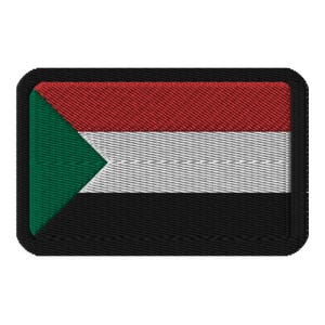 May include: An embroidered patch featuring the flag of Sudan, with black, white, red and green colours.