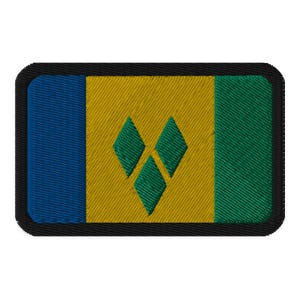 May include: A blue, yellow, and green embroidered patch with a green diamond shape in the center.