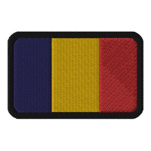 May include: A blue, yellow, and red embroidered patch with a black border. The patch features the colors of the Romanian flag.