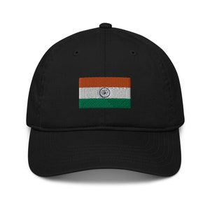 May include: Black baseball cap featuring the embroidered flag of India. The flag displays horizontal bands of orange, white, and green, with a blue wheel at the centre. A fashionable and patriotic accessory.