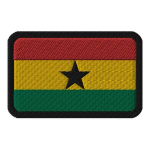 May include: A rectangular embroidered patch with the flag of Ghana. The flag features three horizontal stripes of red, yellow, and green with a black five-pointed star in the center of the yellow stripe.