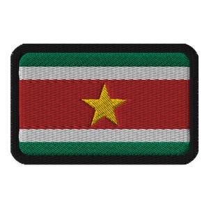 May include: A green, white, and red embroidered patch with a yellow star in the center. The patch has a black border.