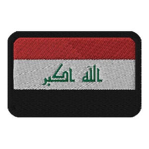 May include: An embroidered patch featuring the flag of Iraq. The flag is red, white, and black with the Arabic phrase "Allahu Akbar" in green on the white band.