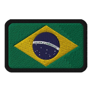 Könnte beinhalten: Ein gestickter Aufnäher mit der Flagge Brasiliens. Der Aufnäher ist grün, gelb und blau mit einem schwarzen Rand.