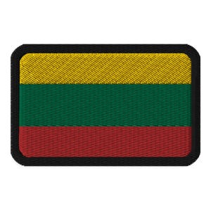 May include: A yellow, green, and red embroidered patch with a black border, depicting the flag of Lithuania.