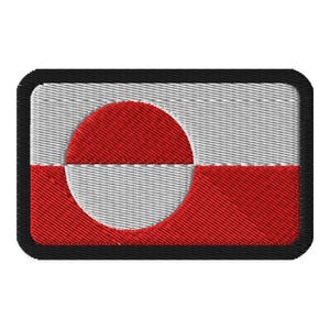 May include: Embroidered patch featuring the flag of Greenland. The design includes a red and white circle on a white and red background, all within a black border. The patch is rectangular and has a textured appearance.