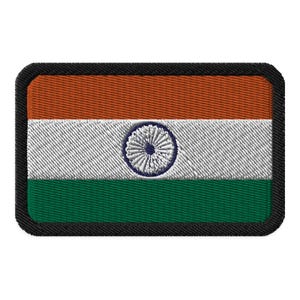 May include: An embroidered patch of the Indian flag. The flag is rectangular with three horizontal stripes: saffron, white, and green. The white stripe features a navy blue wheel with 24 spokes in the center.