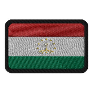 May include: Embroidered patch depicting the flag of Tajikistan. The rectangular patch has a black border and shows the flag's horizontal stripes of red, white, and green. The white stripe features a golden emblem.