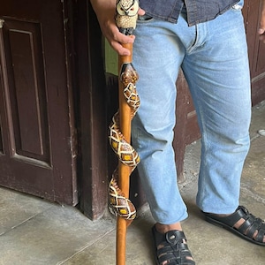 Owl And Snake design Wooden Walking Stick – Rustic Hiking Cane, Natural Wood Staff, Handmade Trekking Pole