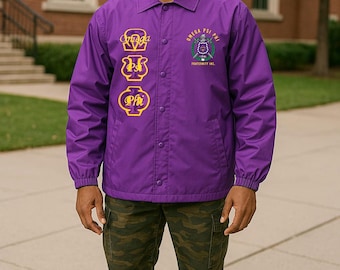 Sale: Small Omega Psi Phi Purple Line Jacket – Embroidered Greek Fraternity Coach’s Jacket for Men