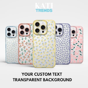 Puede incluir: Cinco fundas de teléfono diferentes con patrones florales. Las fundas son transparentes con un fondo blanco y presentan una variedad de flores coloridas. El texto "YOUR CUSTOM TEXT" y "TRANSPARENT BACKGROUND" está impreso en la parte inferior de la imagen.