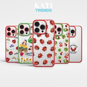 May include: A collection of phone cases with red and green borders, featuring ladybug designs. Some cases have ladybug illustrations with text that reads "Lady" and "little ladybug big dreams". The brand name "KATI TRENDS" is at the top.