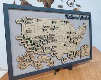 Wooden USA National Parks Travel Map, Personalized Anniversary Gift